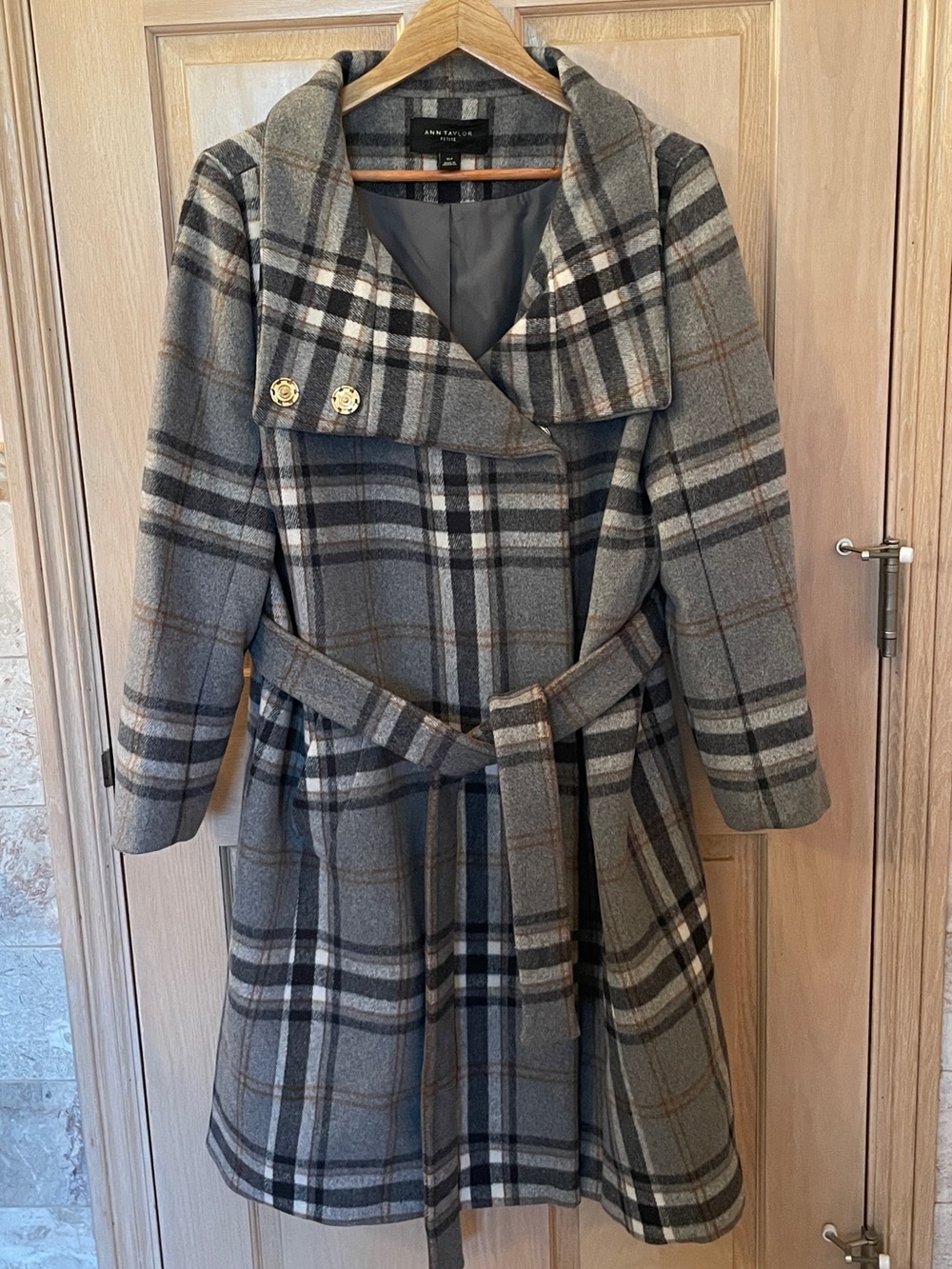 Ann Taylor Gray Plaid Wool-Blend Belted Coat with Shawl Collar